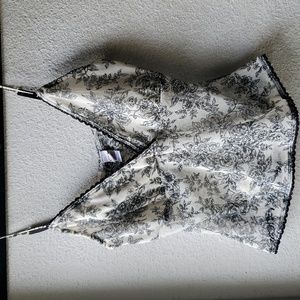 Sheer Mesh Floral Print Blk Scallop Trim Spaghetti Strap Crop Top Lingerie Layer